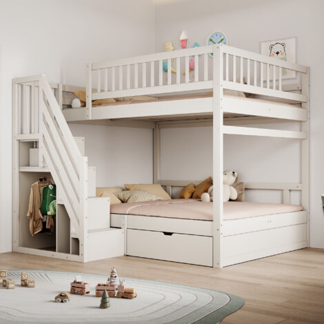 Lit superposé 140 x 200 cm, lit enfant avec sommier à lattes, 2 tiroirs de rangement et escalier, barrière de sécurité haute, design, Blanc