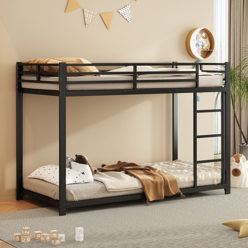 Lit Superposé 90×200 cm, Lit Simple avec Barrières de Sécurité et Sommiers Métal, sans Matelas, Noir