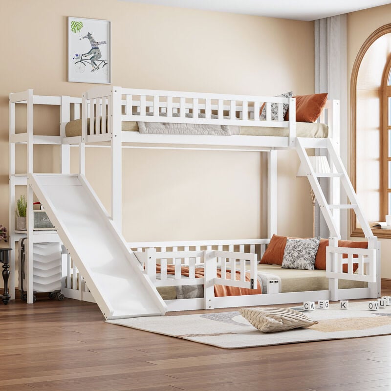 Redom - Lit superposé, 140200cm, balustrade, bois de pin, toboggan, marches, En747, étagères multiples, petite porte coulissante, sans matelas, blanc