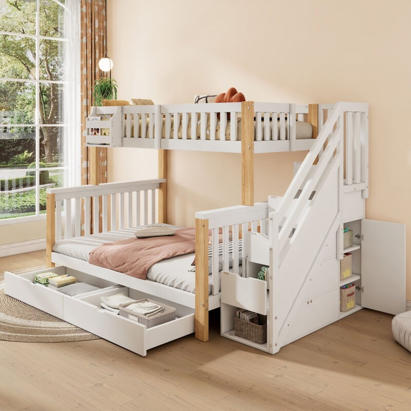 Modfu - Lit superposé 140x200 (90x200 cm) avec 2 tiroirs, lit double enfant, escalier avec rangement, en bois, sans matelas, blanc