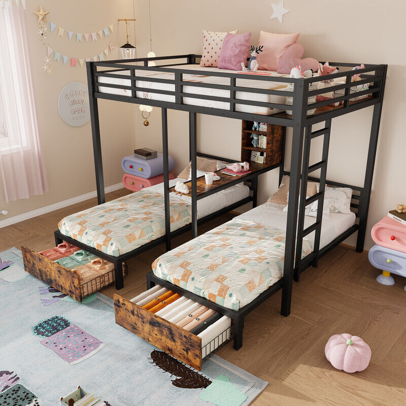 Lit superposé 140x200 cm + 90x200 cm - 3 couchages - avec barrières latérales - compartiments de rangement - 2 tiroirs - noir (matelas non inclus)