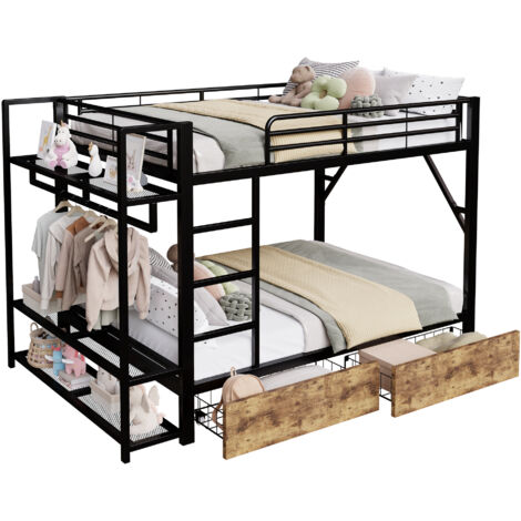 Lit superposé 140x200 cm avec 2 tiroirs étagères multiples tringle penderie éclairage led, gain de place chambre enfant ado, structure métal noir