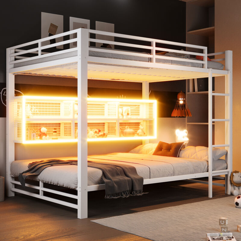 Lit superposé 140x200 cm avec 6 armoires de rangement et éclairage LED, structure métal blanc