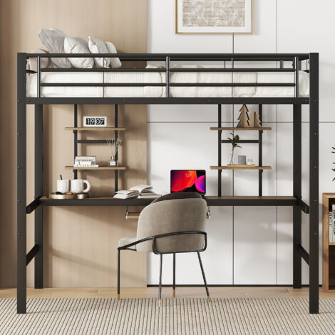 Lit superposé 140x200 cm avec bureau et étagères - Cadre en métal avec échelle - Noir