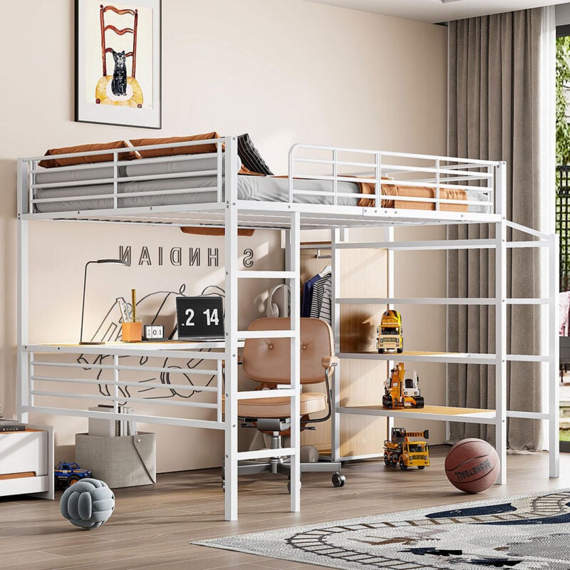 Gutent - Lit superposé 140x200 cm avec bureau, penderie ouverte, cadre en métal, Blanc