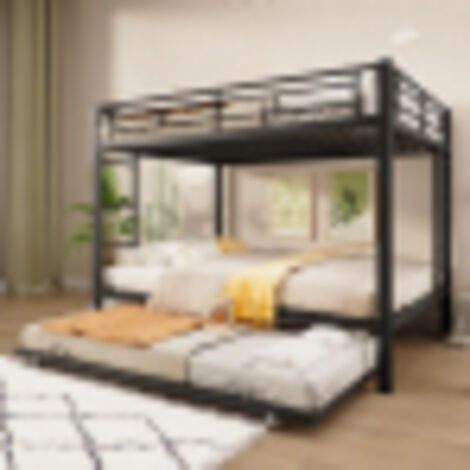 Lit superposé 140x200 cm avec lit gigogne 90x190 cm, 3 lits, barrières de sécurité, sans matelas, noir
