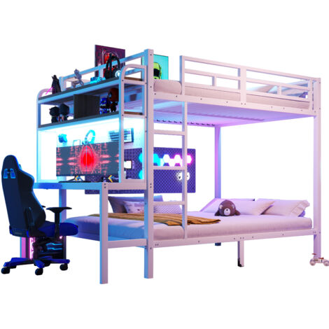Lit superposé 140x200 cm métal blanc avec bureau, étagères, LED et ports USB, échelle et barrières de sécurité