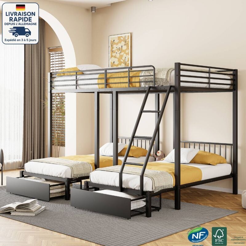 Modfu - Lit superposé 140x200cm (90x200cm) avec 2 tiroirs, lit enfant en métal noir, lit triple, sans matelas, sommier à lattes