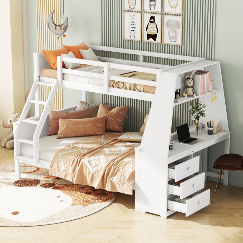 Modfu - Lit superposé 140x200cm (90x200cm), pin, lit enfant, sans matelas, lit double avec bureau et tiroirs, blanc