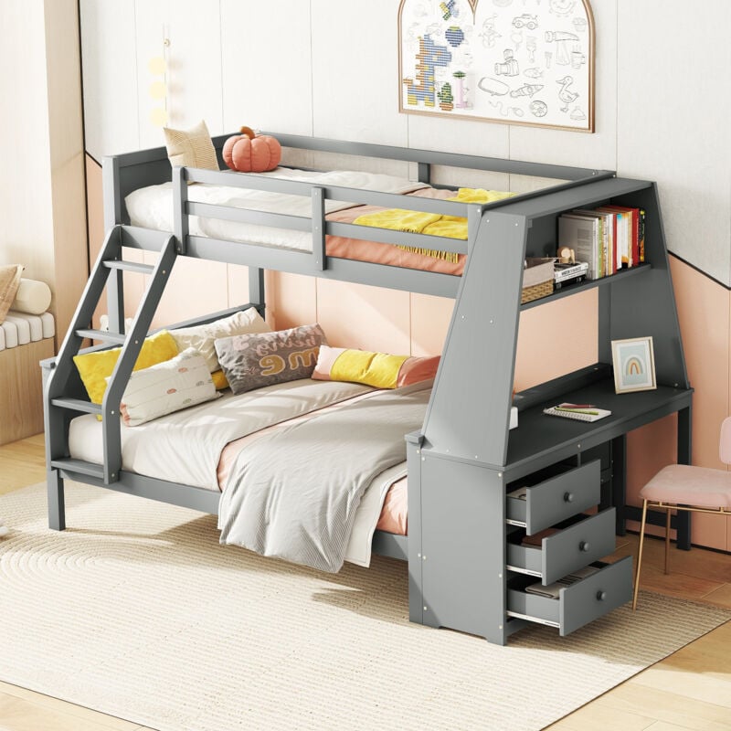 Modfu - Lit superposé 140x200cm (90x200cm), pin, lit enfant, sans matelas, lit double avec bureau et tiroirs, gris