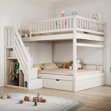 Lit Superposé 140x200cm - Avec Échelle à Rangements & Tiroirs - Pour Enfant, Ado, Chambre - Blanc
