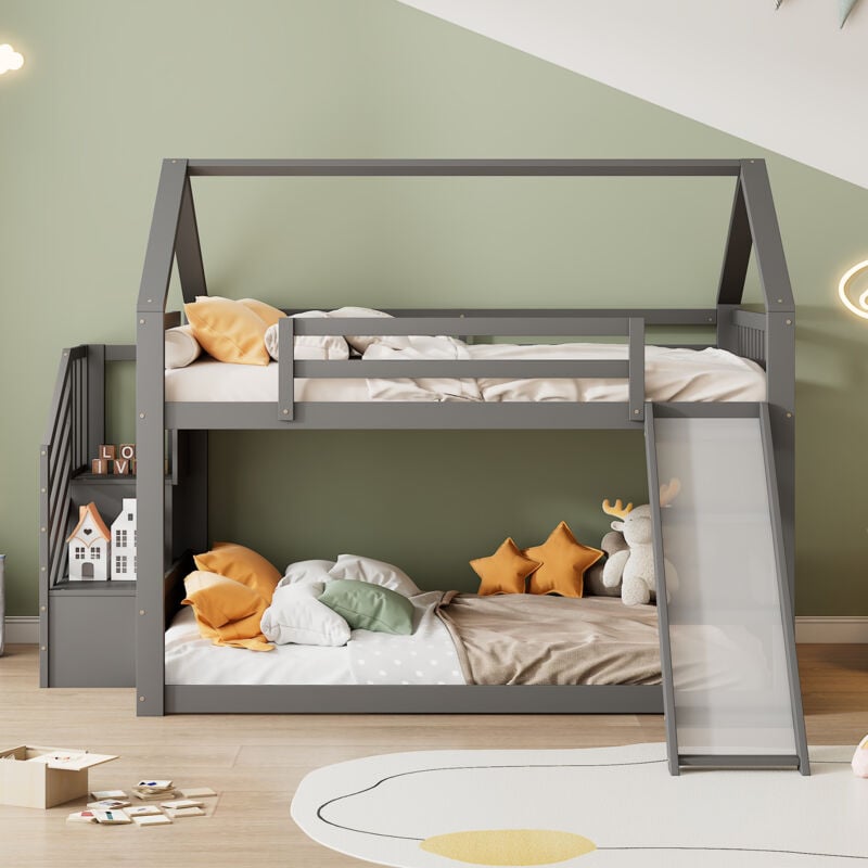 Lit superposé 140x200cm avec escalier de rangement et toboggan, lit cabane, lit enfant avec balustrade, adapté aux enfants, adolescents, gris