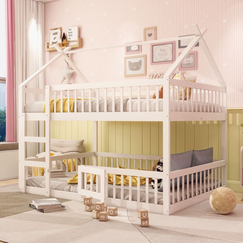 Dans Les Nuages - Lit superposé 140x200 cm, avec escalier, toit, sommier à lattes en haut, clôture de sécurité, lit enfants en bois - Blanc