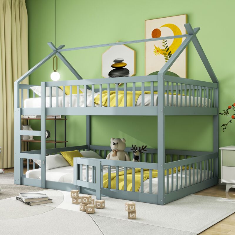 Dans Les Nuages - Lit superposé 140x200 cm, avec escalier, toit, sommier à lattes en haut, clôture de sécurité, lit enfants en bois - Gris
