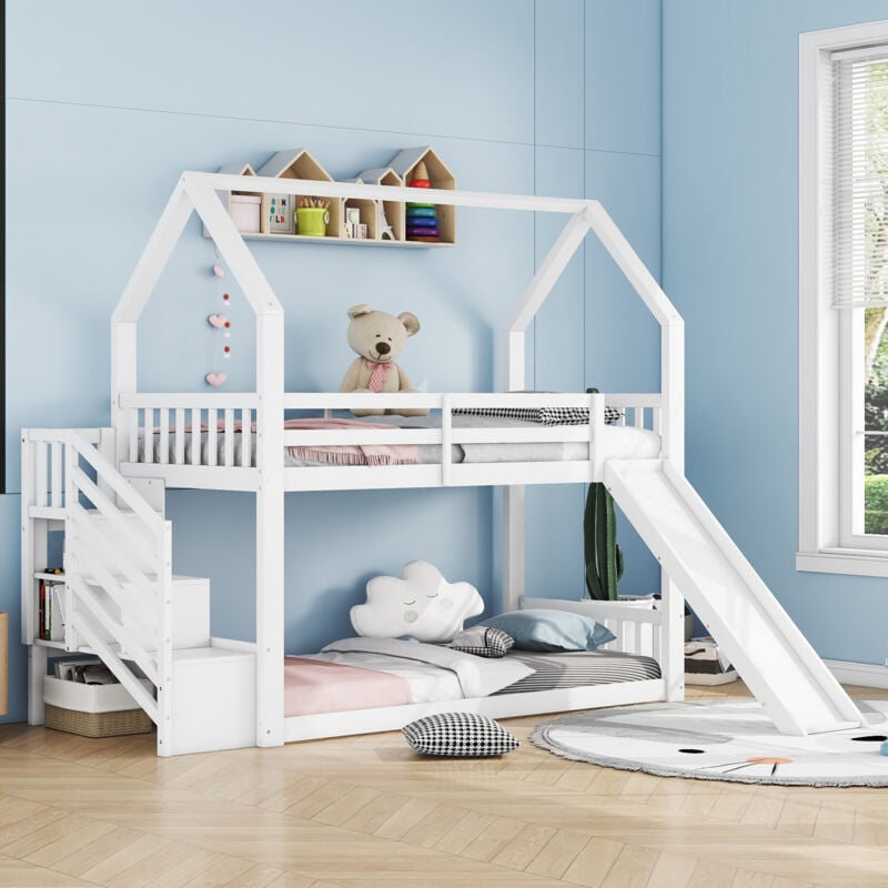 Modernluxe - Lit superposé 90x200cm en bois - avec barrières + escalier de rangement + toboggan - Blanc