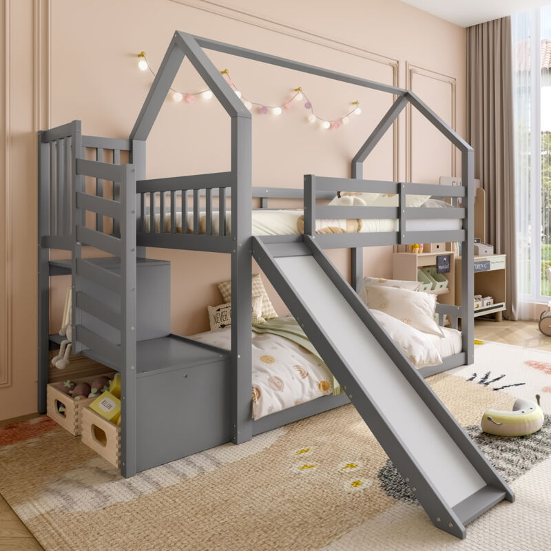Lit superposé 90x200cm en bois - avec barrières + escalier de rangement + toboggan - Gris