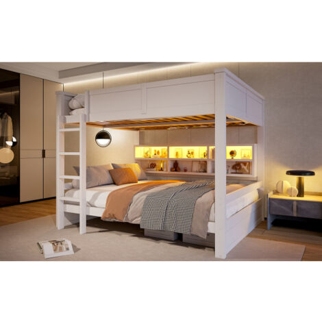 Lit superposé 160 x 200 cm avec rangement et éclairage LED - Blanc - Sans matelas