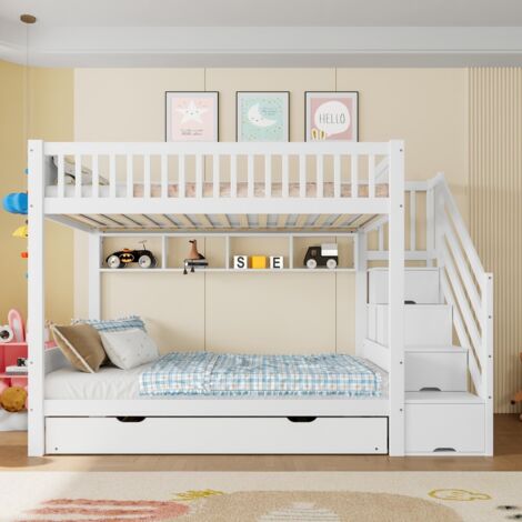 Lit Superposé 2 lits Gigogne-Etagère-Armoire-Rangement-Blanc-254x95x165cm-Sans Matelas
