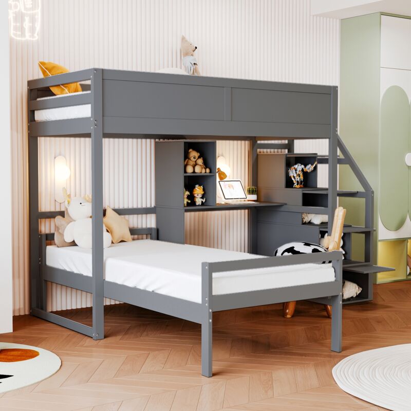 Lit superposé 2 places, lit adolescent 90x200 cm avec bureau et sommier à lattes, lit en pin, gris