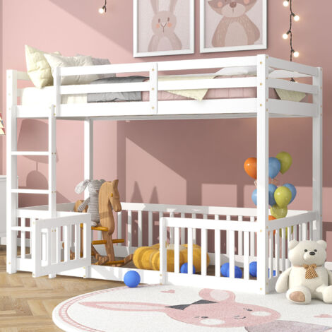 Lit superposé avec escalier à angle droit, lit enfant avec protection antichute et barreaux, bois massif, blanc (200x90cm) OKWISH