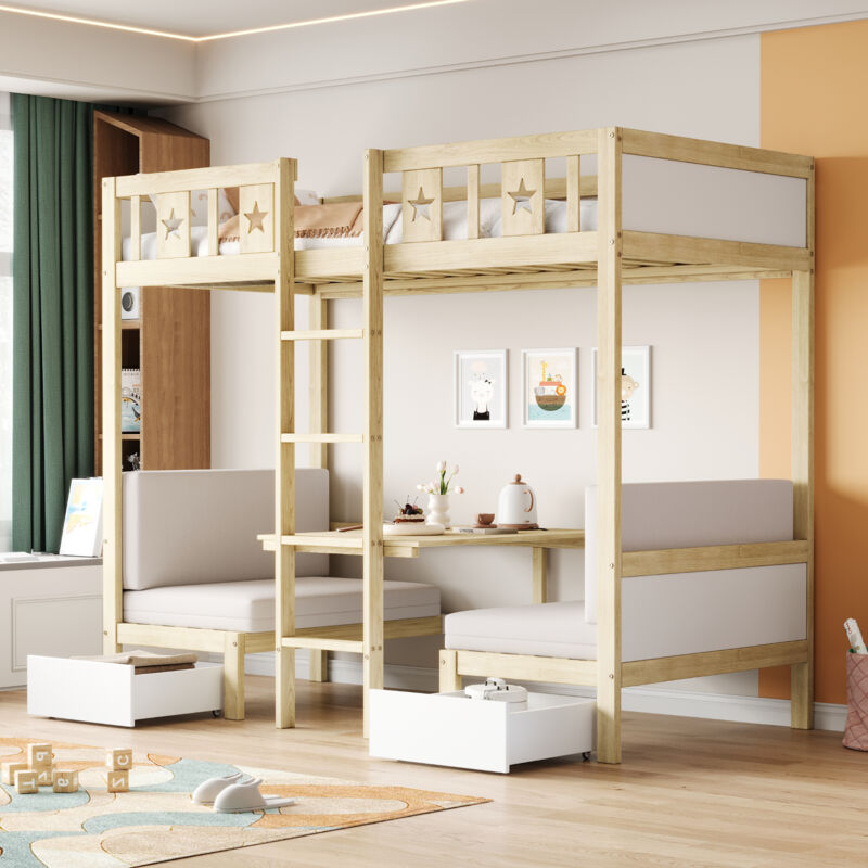 Redom - Lit superposé 20090 cm, lit/bureau 2 en 1, auto-rembourré, avec deux grands tiroirs, cadre de lit avec échelle, lit en bois, lit enfant,