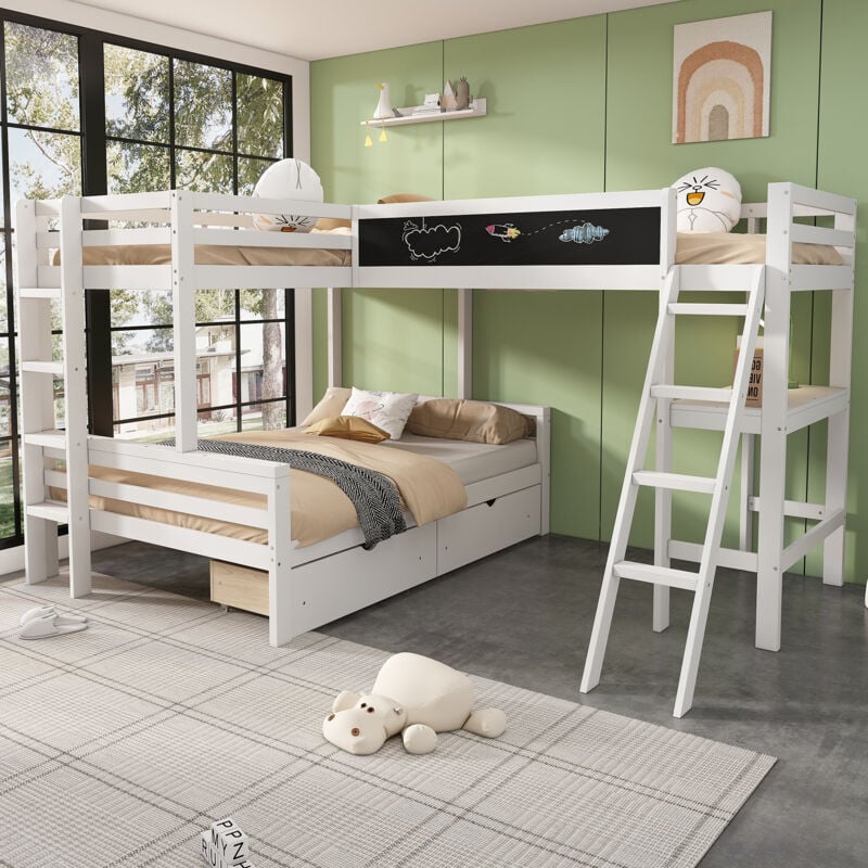 Modernluxe - Lit superposé 2x90x200cm + 140x200cm en bois - avec un bureau et 2 tiroirs - Blanc