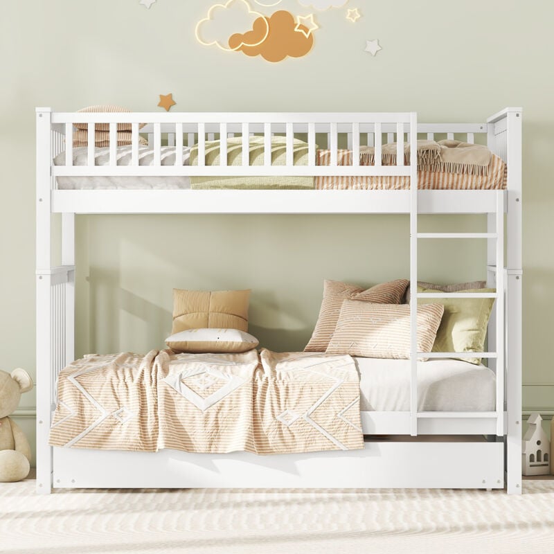 Modernluxe - Lit superposé 2x90x200cm avec un lit gigogne 90x190cm - avec garde-corps et escalier - Blanc