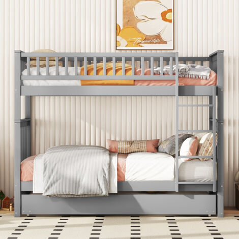 Lit superposé 2x90x200cm avec un lit gigogne 90x190cm - avec garde-corps et escalier - Gris