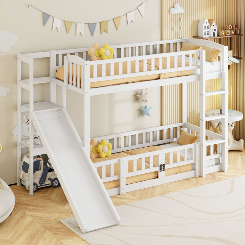Fortuna Lai - Lit superposé 2x90x200cm - lit enfant avec 2x sommier, toboggan, échelles et petite porte coulissante - pin, sans matelas, blanc
