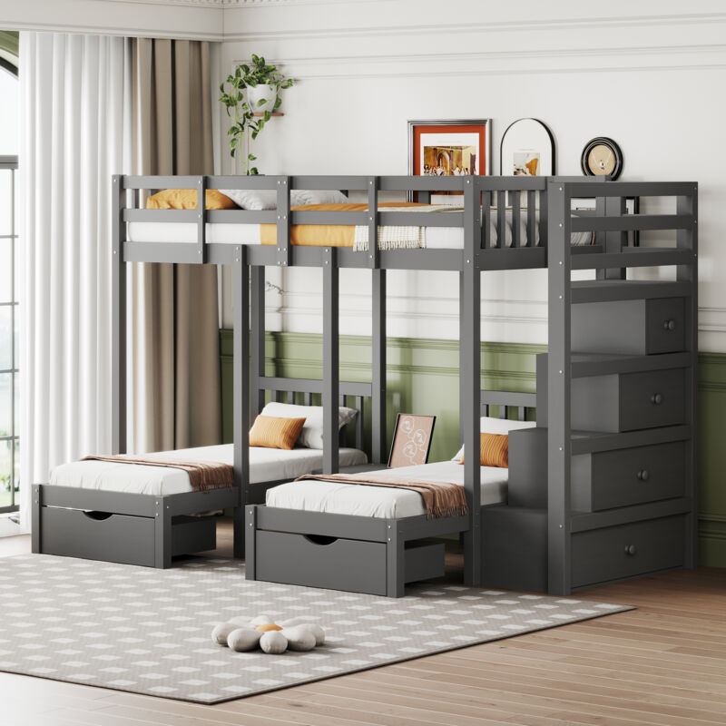Lit superposé 3 couchages, lit enfant 90x200 cm avec tiroirs et échelle de sécurité, cadre de lit en bois avec table de chevet, gris