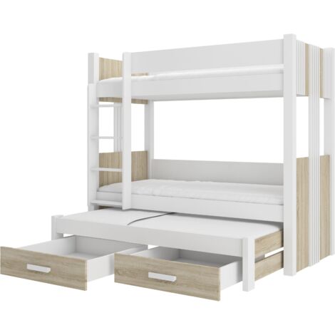 Lit superposé 3 places 90x200 ARKO - 2 tiroirs de rangement et 3 sommiers-Taupe