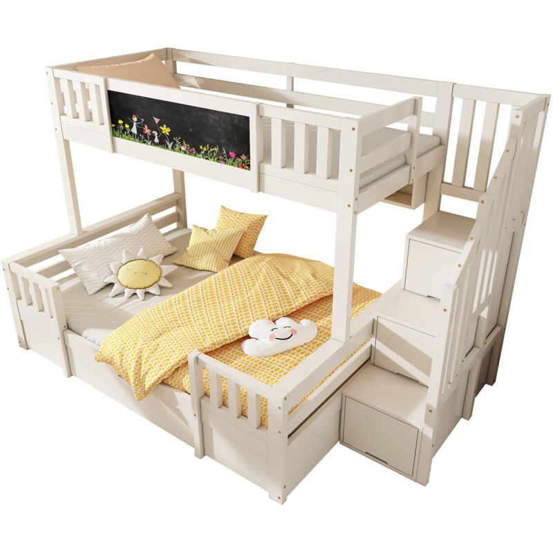 Lit superposé 3 places 90x200 et 140x200 cm Lit mezzanine cabane enfant bois massif avec tableau craie, escalier rangement, 2 tiroirs, blanc