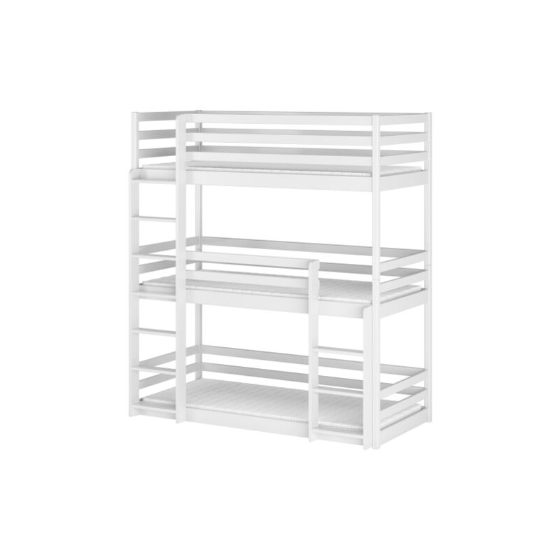 Kids Literie - lit superpose 3 places tod 90x200 cm - Bois massif Blanc - blanc Livré avec sommiers, tiroir et matelas en mousse de 7cm