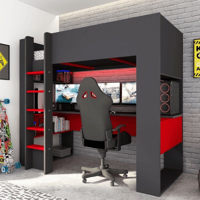 Webmarketpoint - Lit superposé 5050 rouge anthracite avec bureau