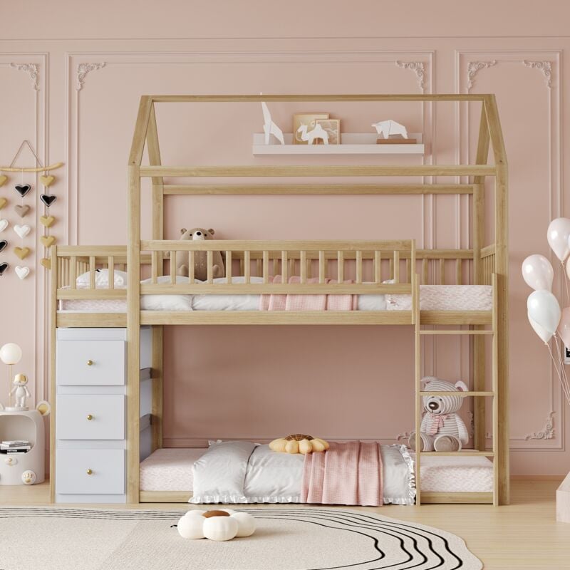 Lit superposé 90x200cm, 2 places, forme maison, avec protection antichute et escalier, avec coffre de rangement et étagères, cadre en bois massif,