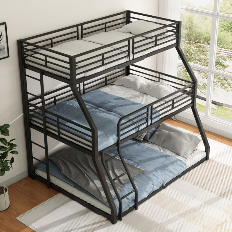 Okwish - Lit superposé 90x200 cm, lit superposé triple, lit en fer avec échelles et barrières, pour enfants, ados et adultes, noir