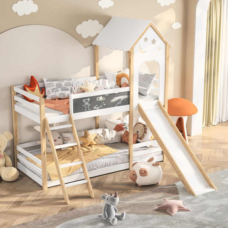 Sureh - Lit superposé 90 x 200 cm, lit cabane enfant avec toboggan et escalier, lit enfant, design tableau noir, sommier à lattes,bois en pin - Blanc