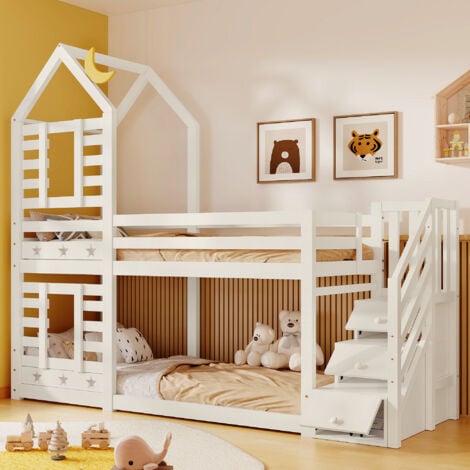 Lit superposé 90 x 200 cm, lit cabane, lit enfant avec escaliers de rangement et protection antichute, bois, blanc