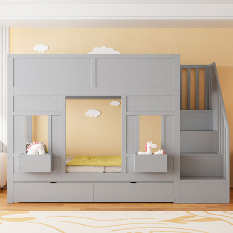 Lit superposé 90 x 200 cm Lit enfant avec escalier de rangement et tiroirs, gain de place,Gris