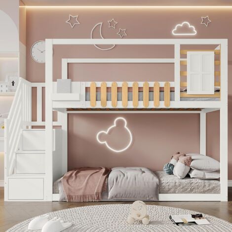 Lit superposé 90 x 200 cm, Lit enfant avec escaliers, garde-corps de sécurité, fenêtres et Stockage, structure en pin massif, Blanc