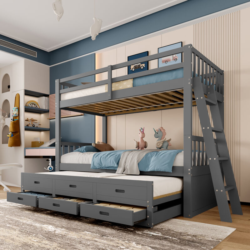 Tanant – Lit superposé 90 x 200 cm – Lit enfant avec sommier à lattes – 3 tiroirs de rangement – Échelle antidérapante – Barrière de sécurité – Gris
