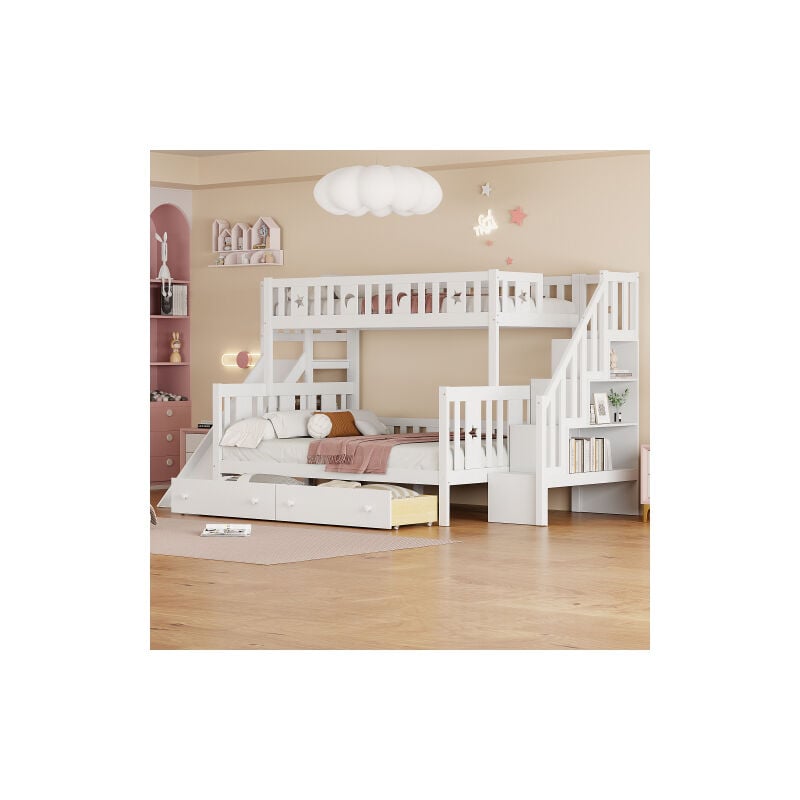 Okwish - Lit superposé 90/140x200 cm, lit enfant avec toboggan, escaliers, deux grands tiroirs et sommier à lattes, en bois massif, blanc, sans