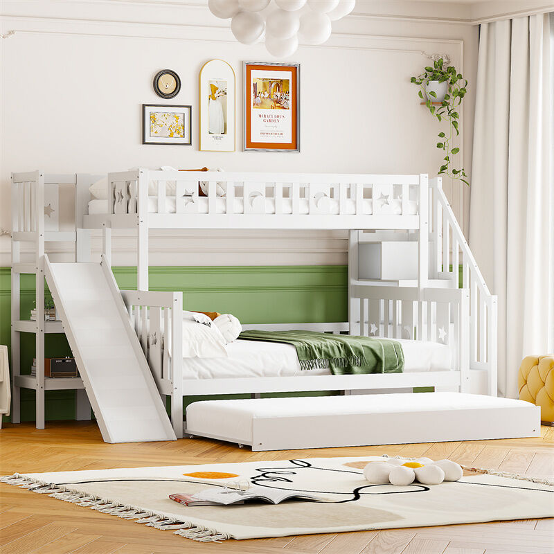 Lit superposé 90+140x200cm, avec lit gigogne, lit enfant en bois massif avec toboggan, avec marches, sommier à lattes, blanc