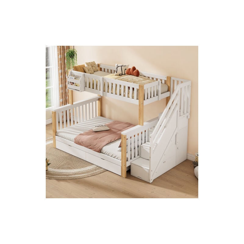 Lit superposé 90/140x200cm, avec panier de rangement, avec tiroirs, avec armoire d'escalier, avec rangement, blanc et naturel, sans matelas