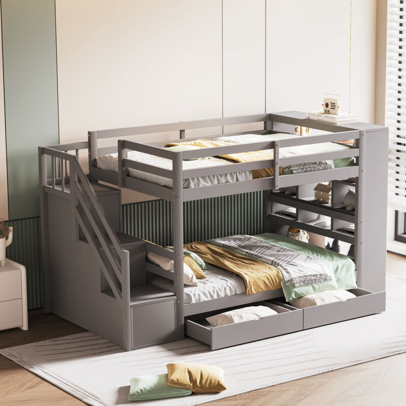 Okwish - Lit superposé 90x200 cm lit enfant 2 places avec échelle de sécurité, tiroirs, casiers et haute clôture et sommier à lattes, pour adulte et