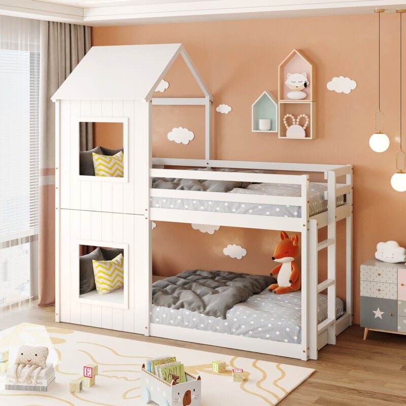 Redom - Lit superposé 90200 cm, lit enfant, lit maison pour filles et garçons, avec échelle et baldaquin, du sol au plafond, bois massif, blanc