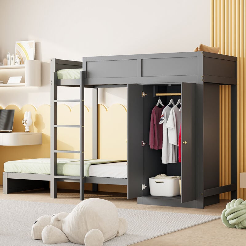 Redom - Lit superposé 90200cm, avec escalier de sécurité vertical, armoire, conception de clôture haute, sommier à lattes, lit enfant, lit superposé,