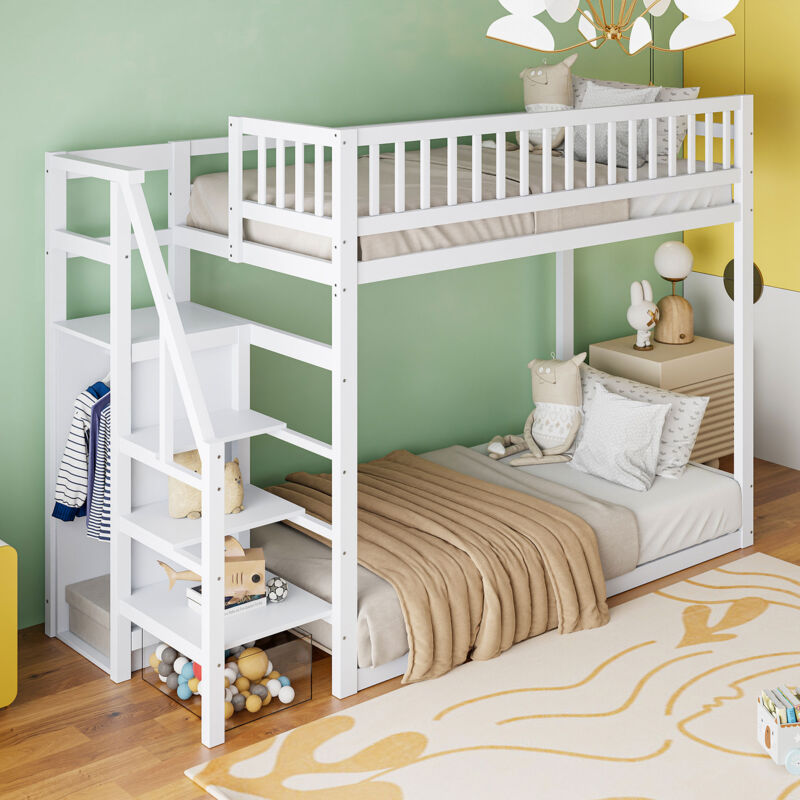 Okwish - Lit superposé 90x200cm lit enfant avec balustrade, marches escamotables et armoire, en bois de pin, blanc