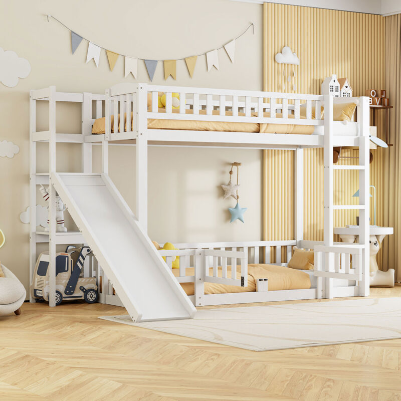 Redom - Lit superposé, 90200cm, balustrade, bois de pin, toboggan, marches, En747, étagères multiples, petite porte coulissante, sans matelas, blanc