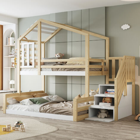 Lit superposé, 90200cm, bois de pin, lit avec fenêtre, barrière de maison, garde-corps, marches de rangement, naturel